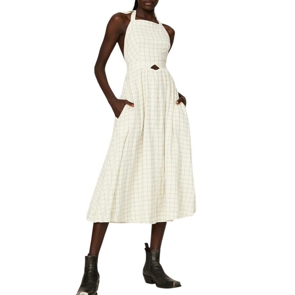 Pamela Love x RTR Plaid Halter Apron Cutout Cotton Midi Dress Cream Black Size S